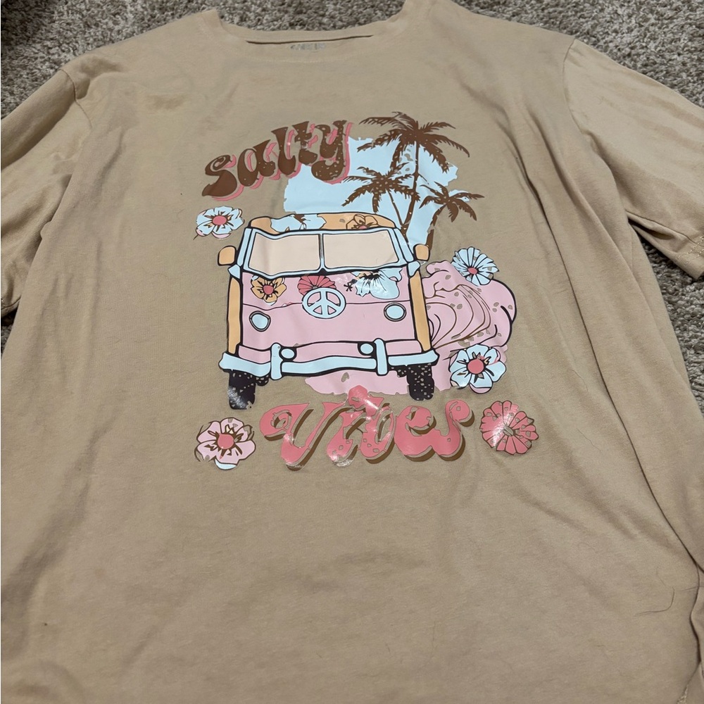 SHEIN Tan and Pink Long Sleeve Tee with Retro Beach Design